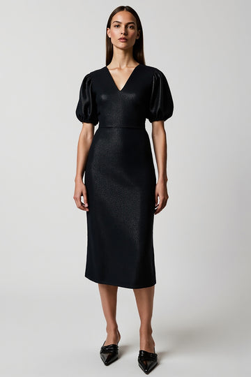 Black Bodycon V-Neck Midi Work Dress with Sleeves
